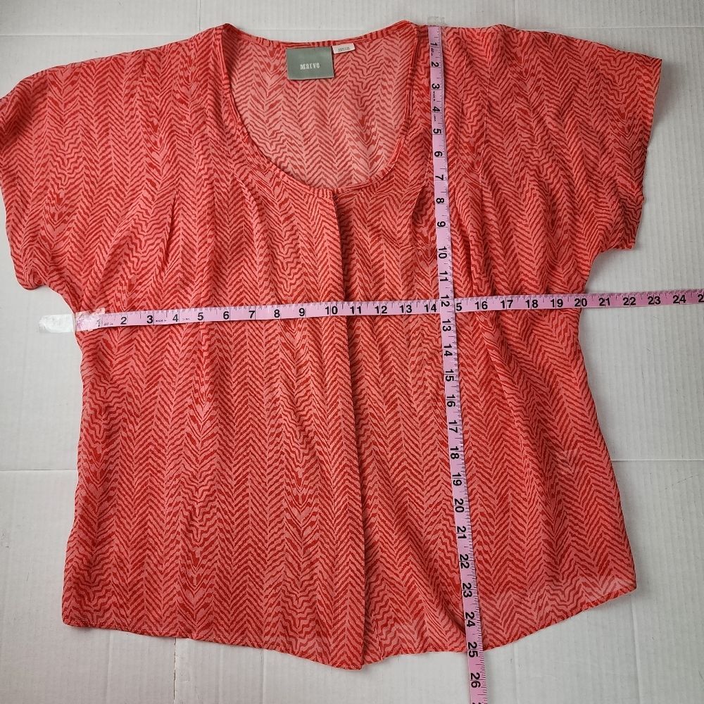 Anthropologie Maeve Silk Blouse M Coral Orange Chevron Print Short Sleeve Boho - Picture 9 of 15
